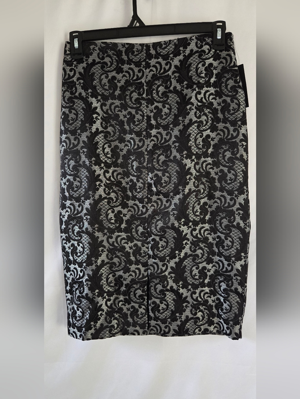 Black and Silver Lace-Overlay Pencil Skirt